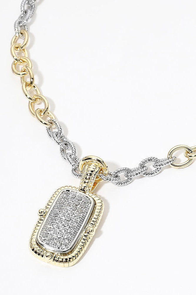 CZ Rectangular Pendant Mixed-Link Necklace