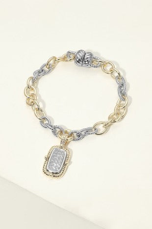 14k Gold Two Tone CZ Pavé Rectangle Magnetic Bracelet
