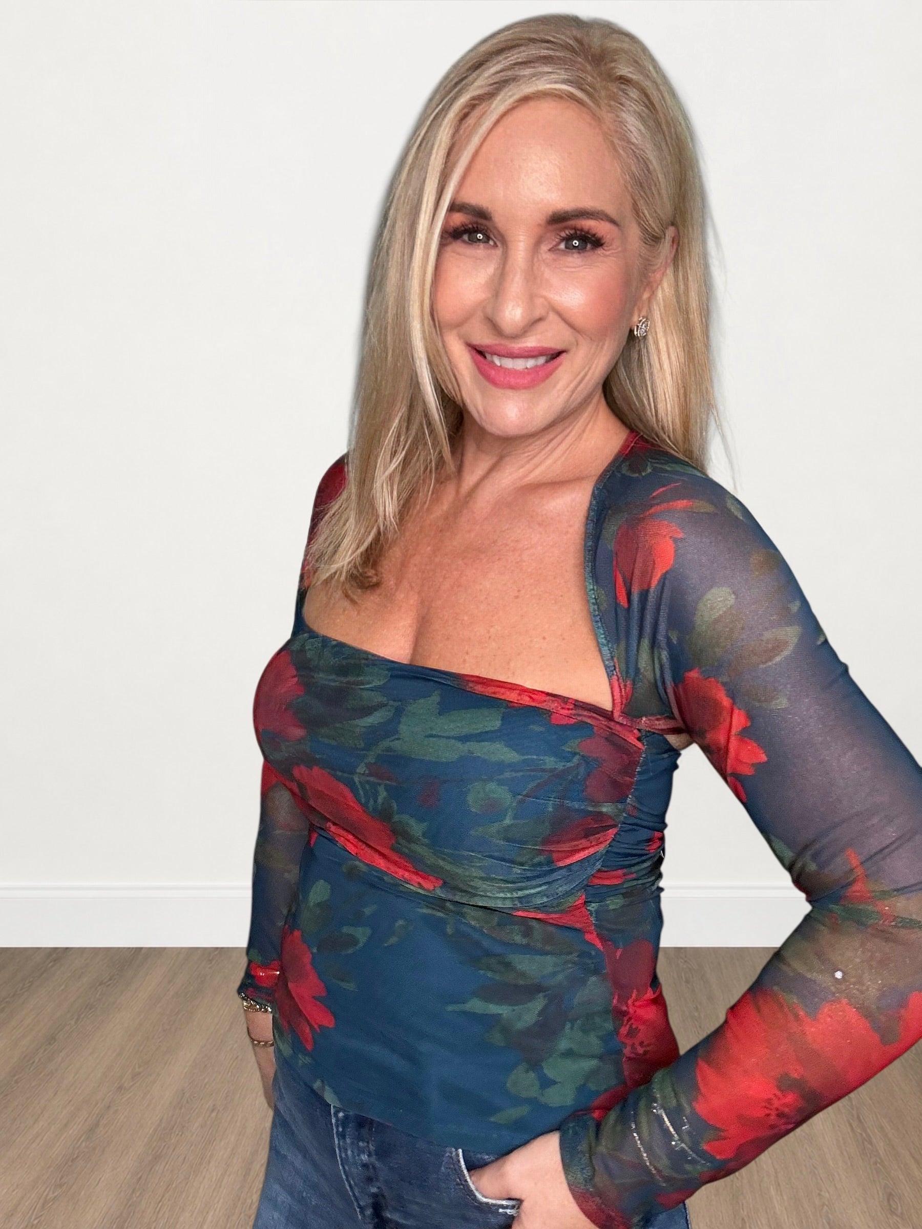 Ruched Mesh Floral Bolero Top