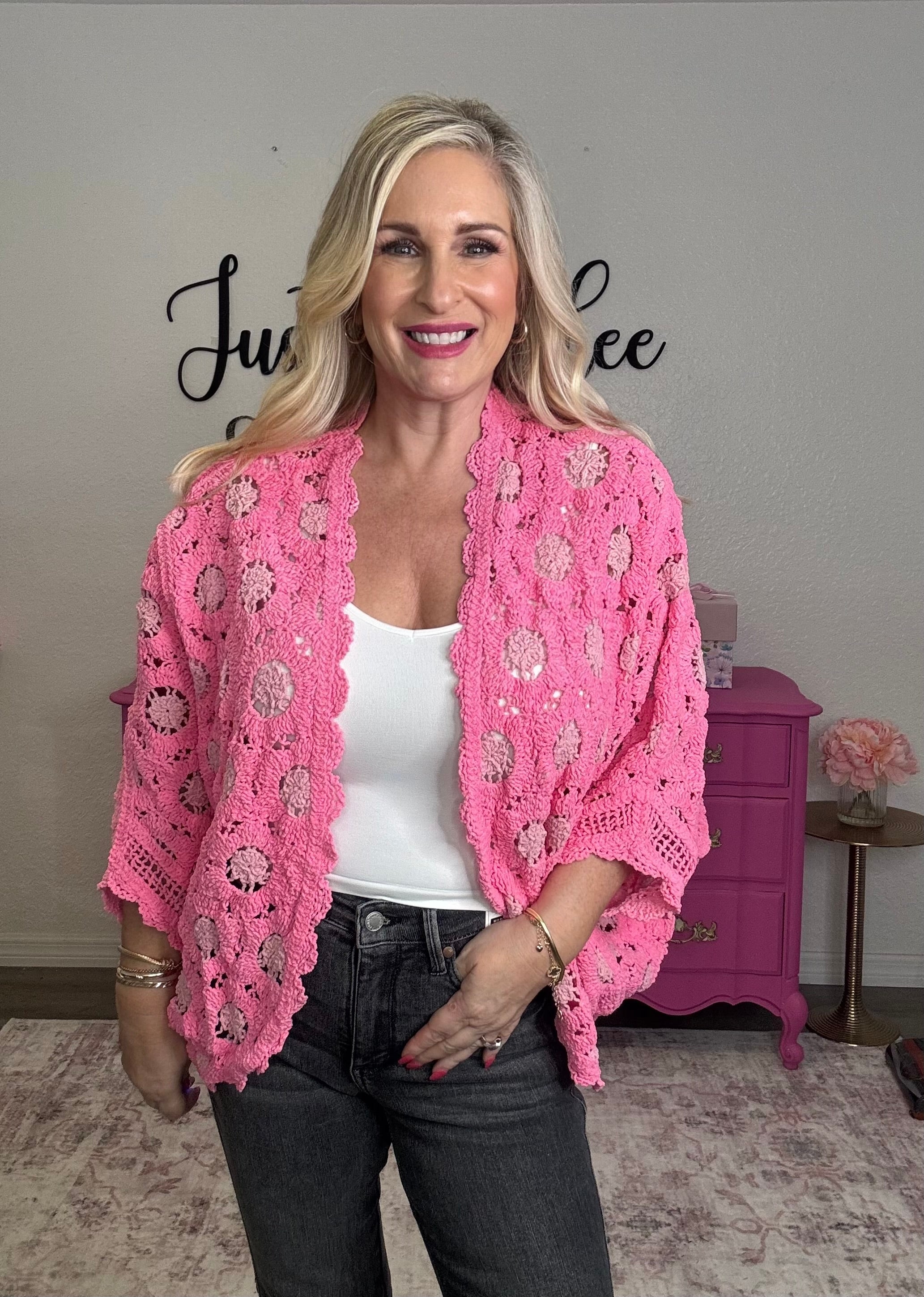 The Pink Chenille Floral Cardigan Top