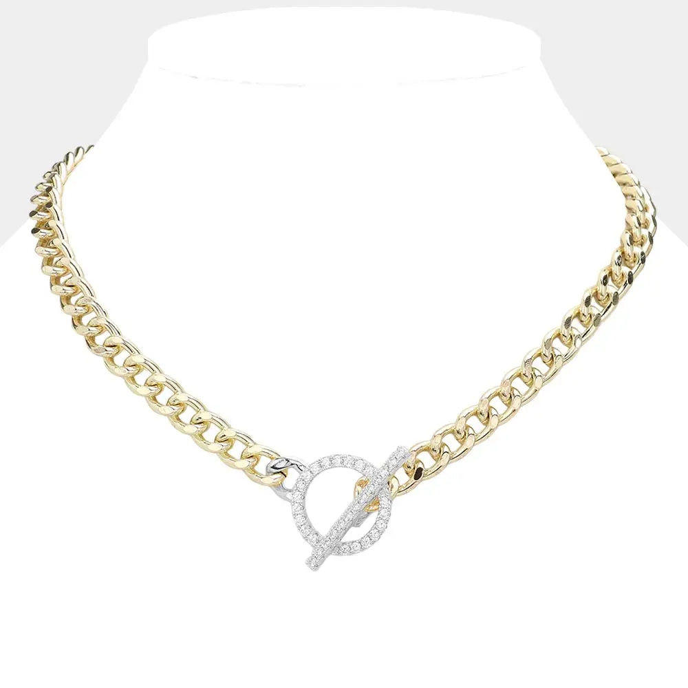 14K Gold Plated CZ Paved Toggle Necklace