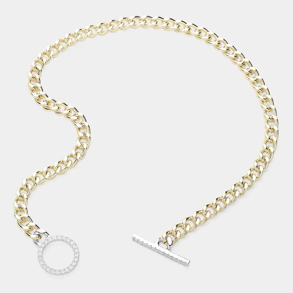 14K Gold Plated CZ Paved Toggle Necklace