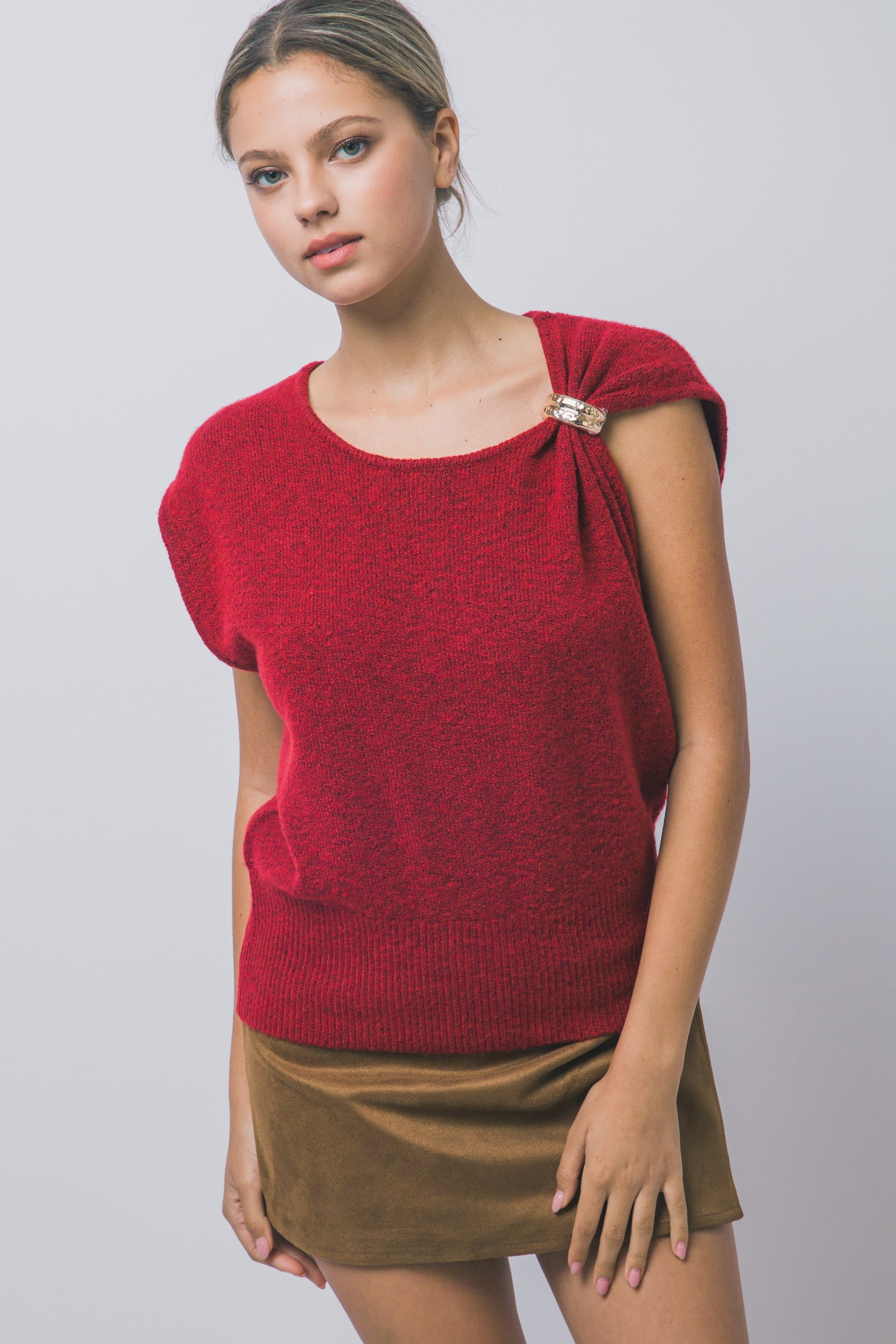 Gold-Accented Asymmetrical Knit Top