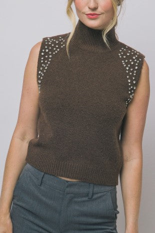 Rhinestone Shoulder Mock-Neck Sweater Vest