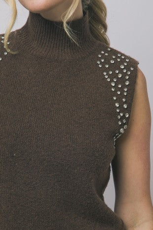 Rhinestone Shoulder Mock-Neck Sweater Vest