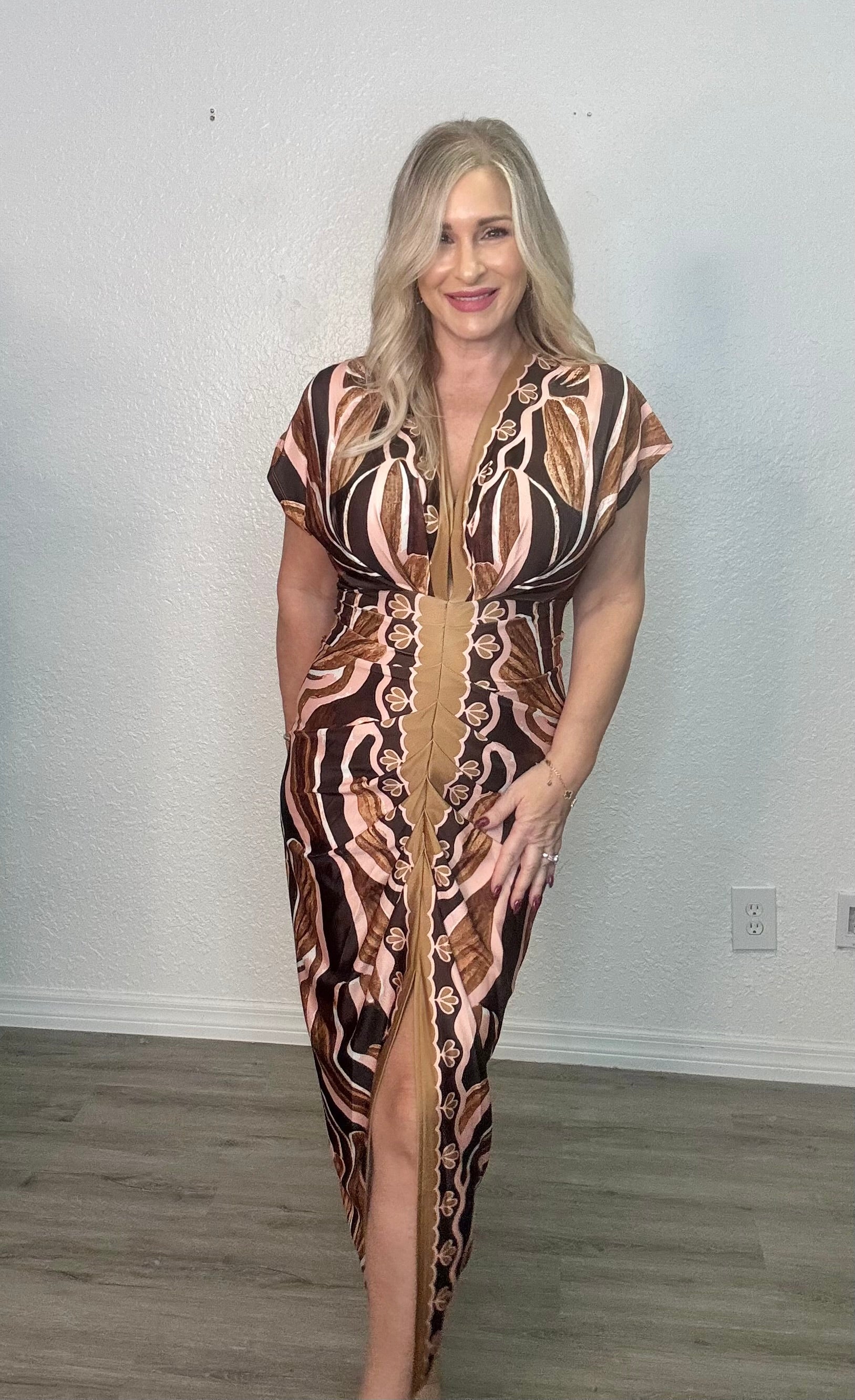 The Golden Brown V-Neck Midi Dress