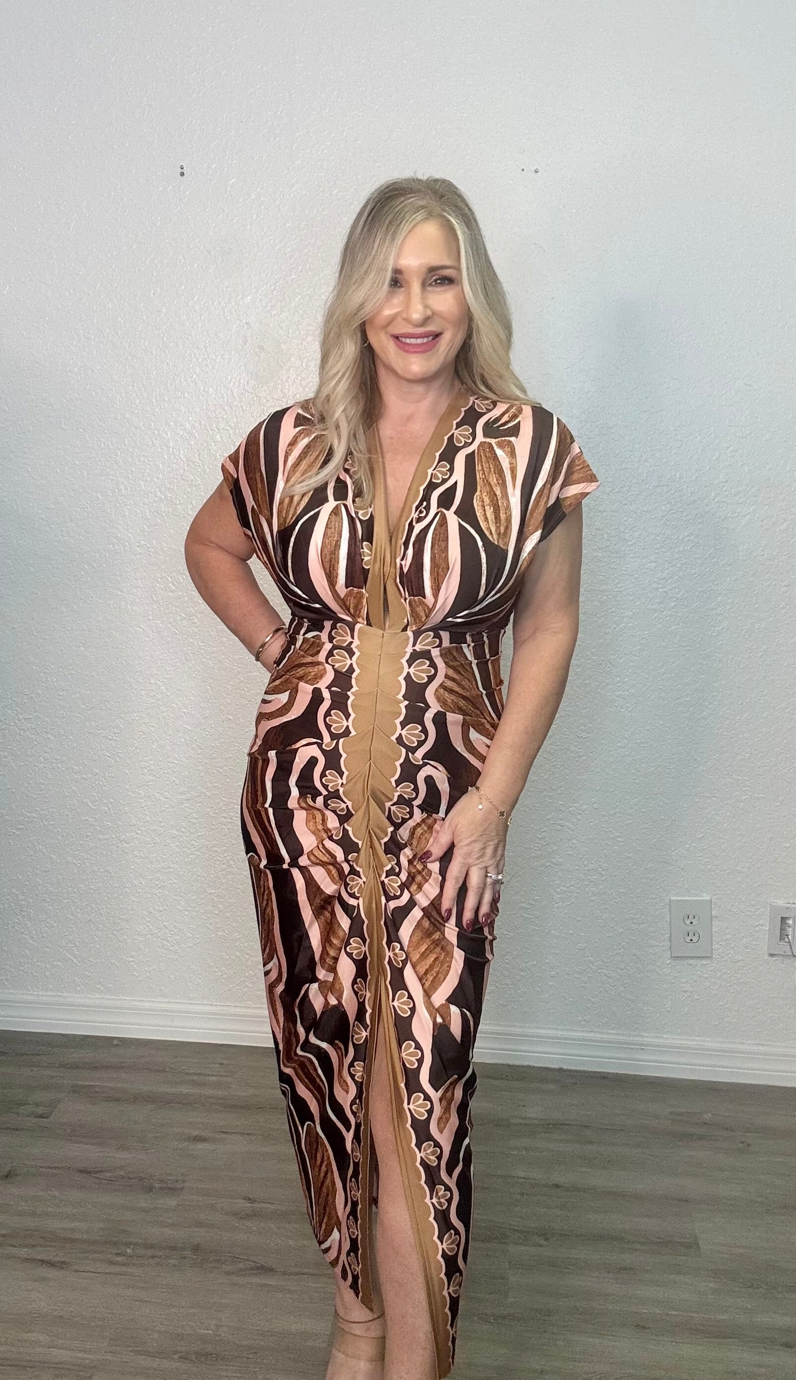 The Golden Brown V-Neck Midi Dress