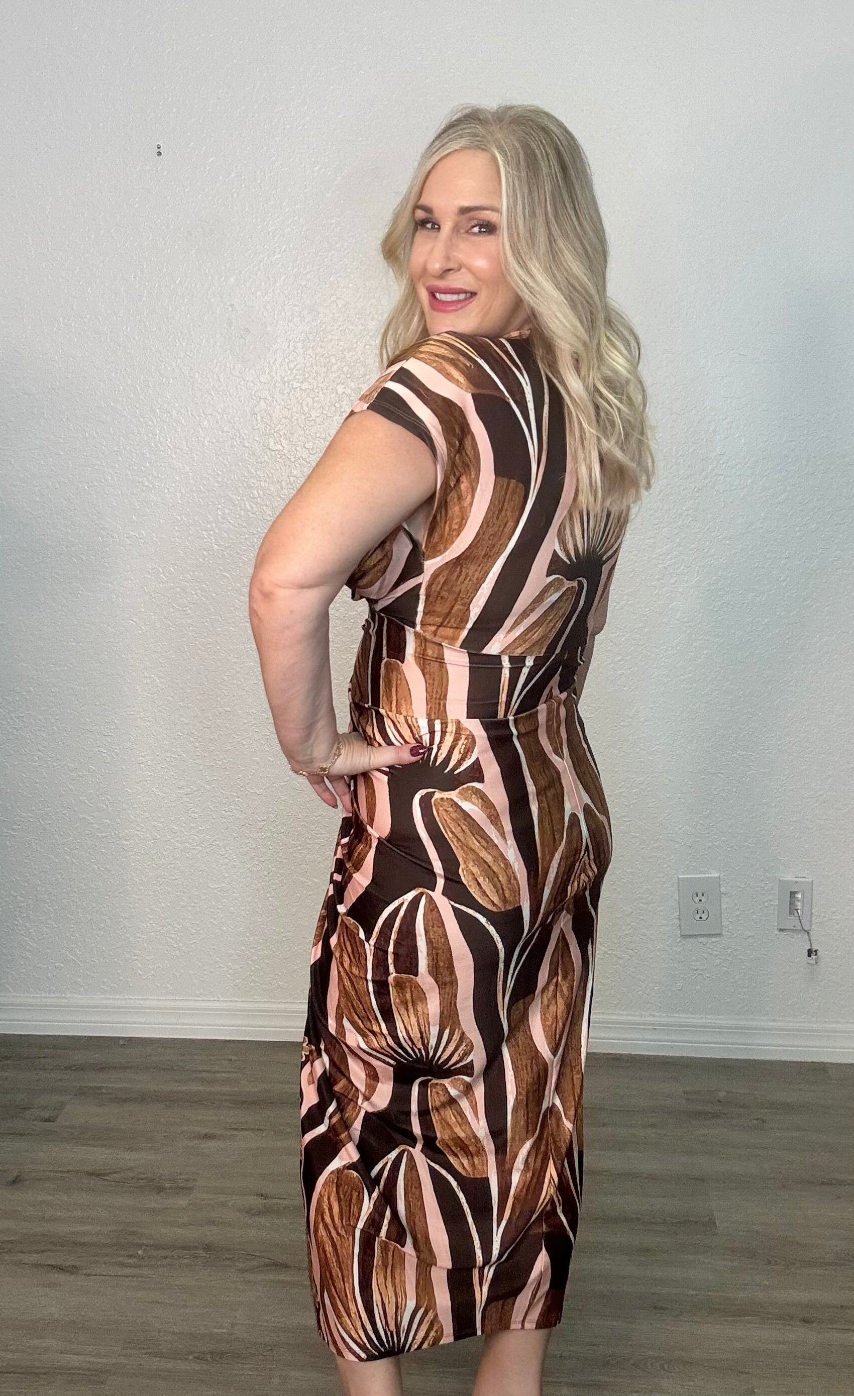 The Golden Brown V-Neck Midi Dress