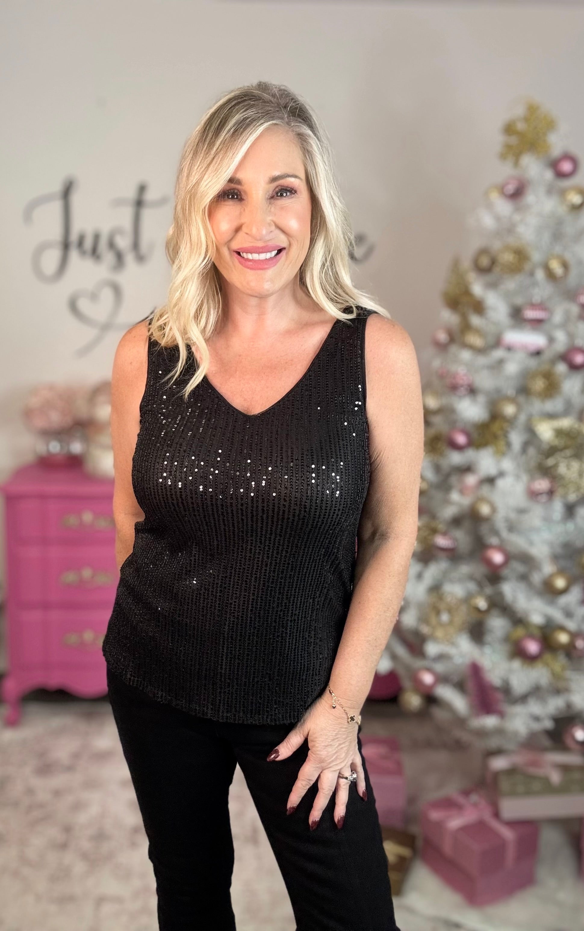 V-neck Sleeveless Sequin Tank Top