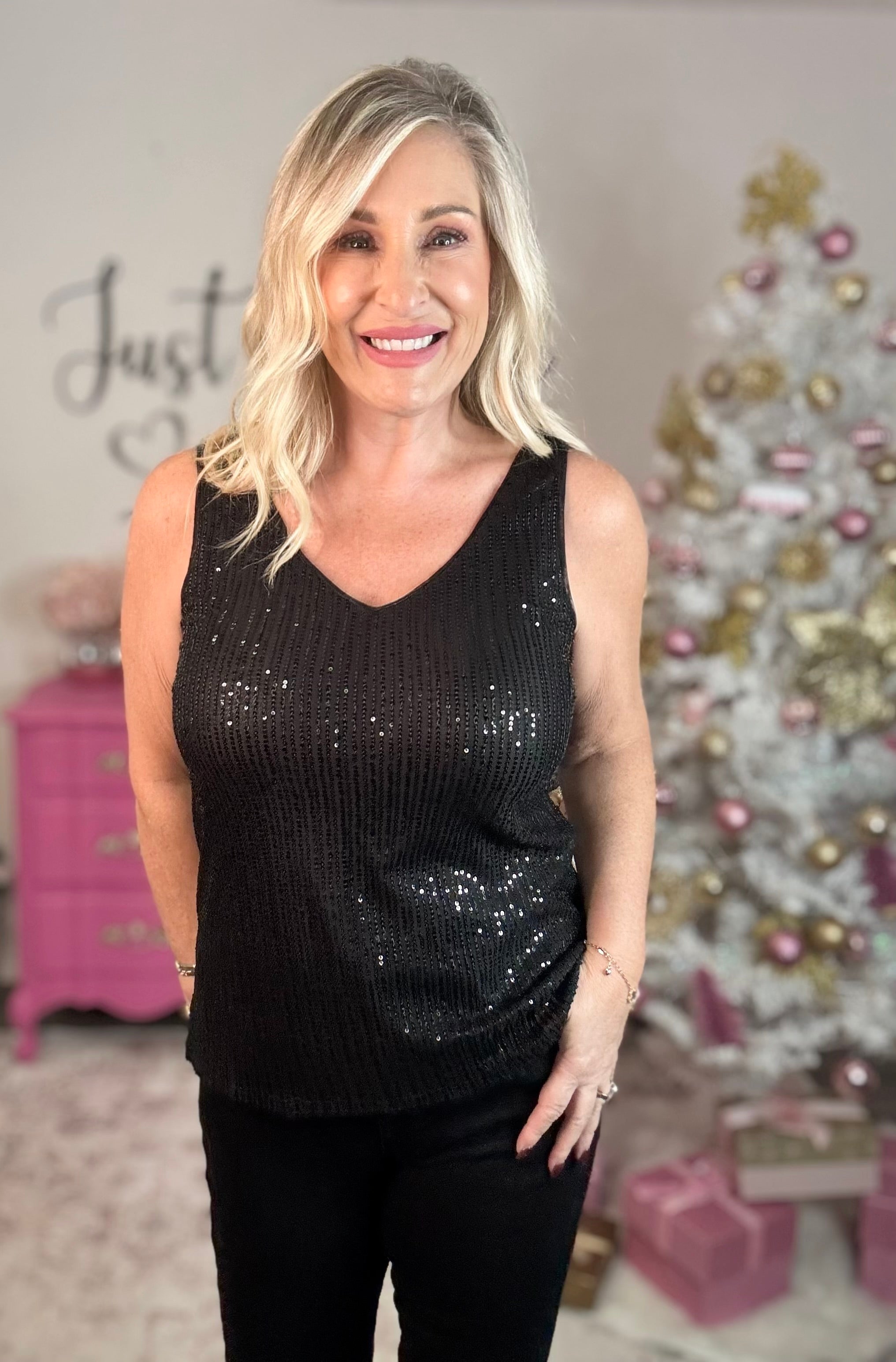 V-neck Sleeveless Sequin Tank Top