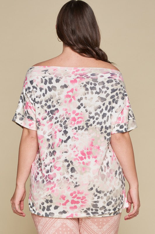 The Pink Animal Print Off Shoulder Top
