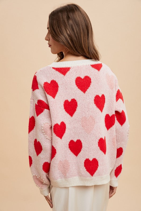 Pearl Trimmed Heart Pattern Sweater Top