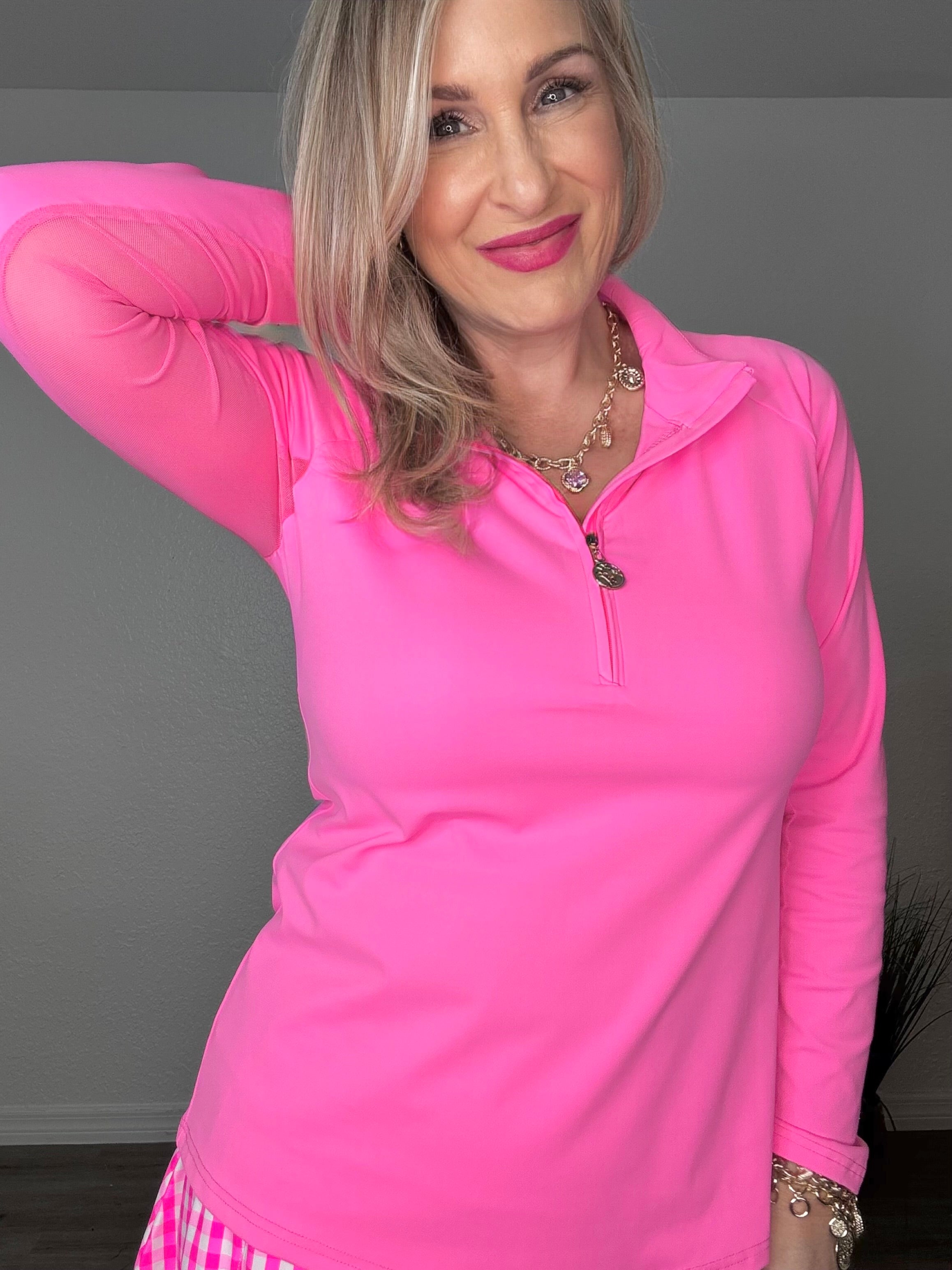The Pink Mesh Panel Half-Zip Pullover Top