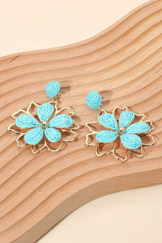 Raffia Wrapped Floral Petal Dangle Earrings