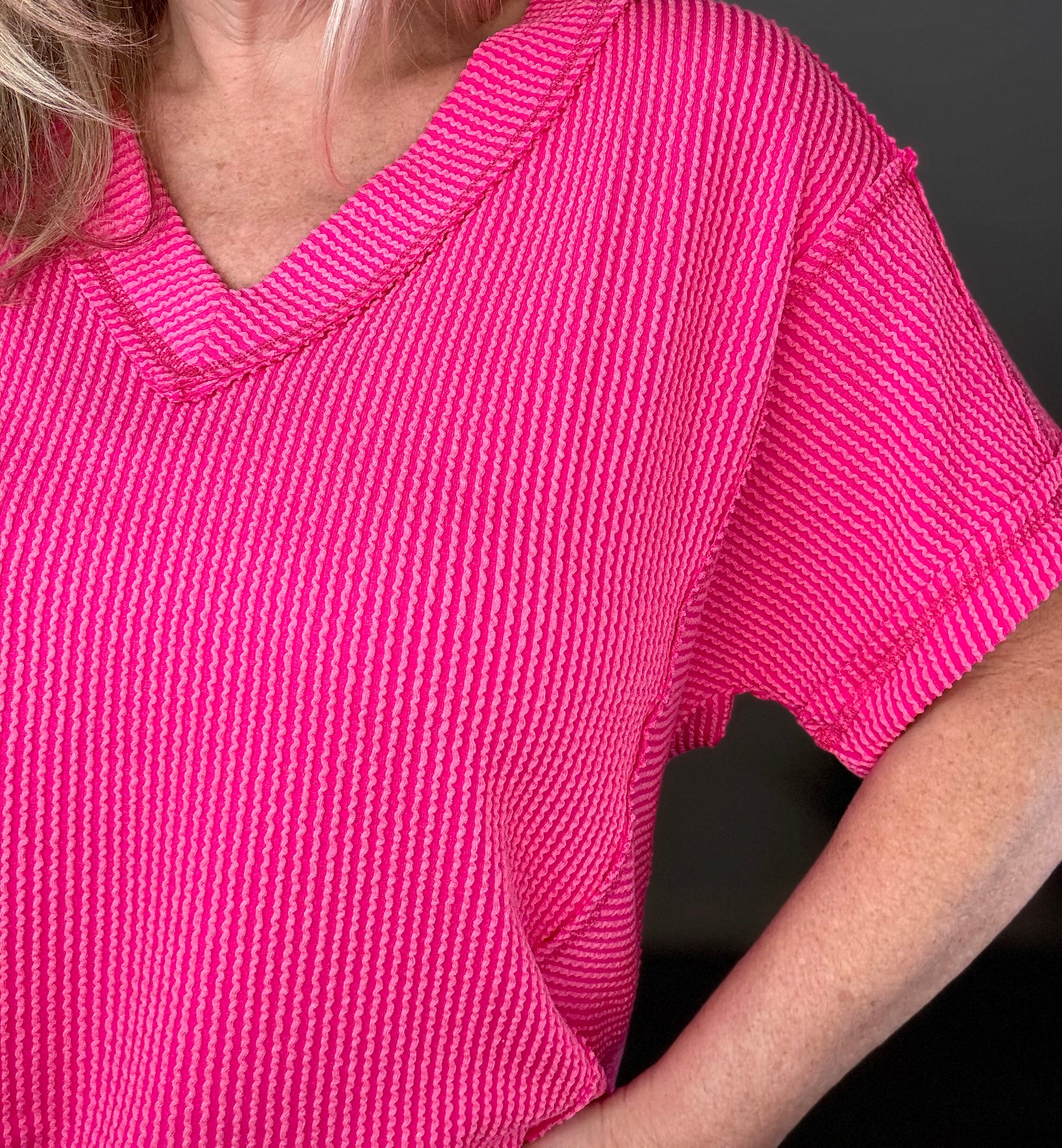 Textured Ribbed Knit V-Neck Top