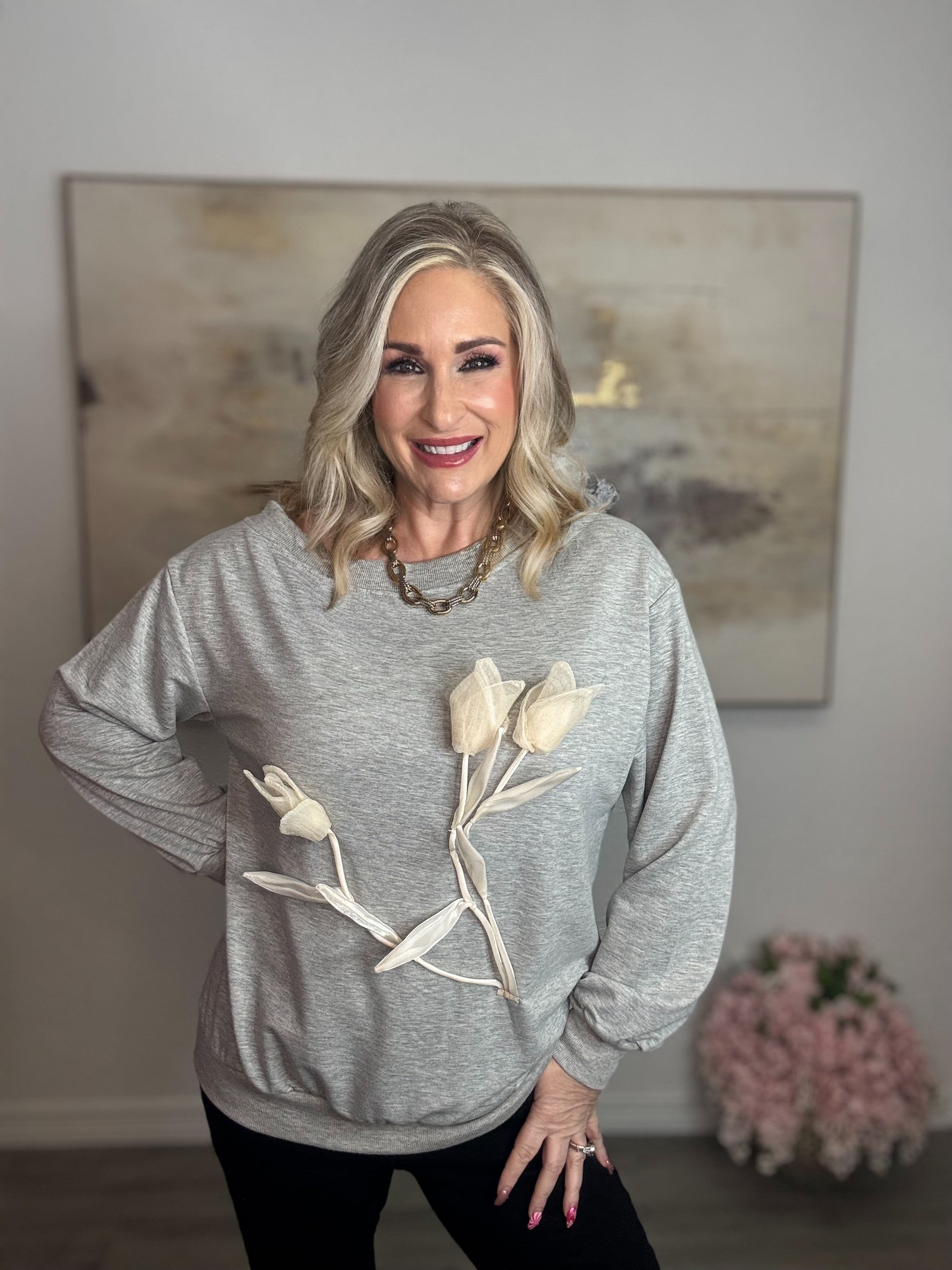 Off-shoulder Floral Sweatshirt Top