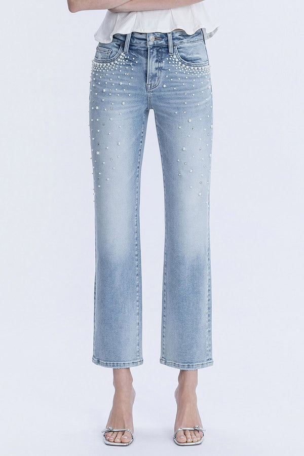 High Rise Pearl & Rhinestone Straight Leg Jeans