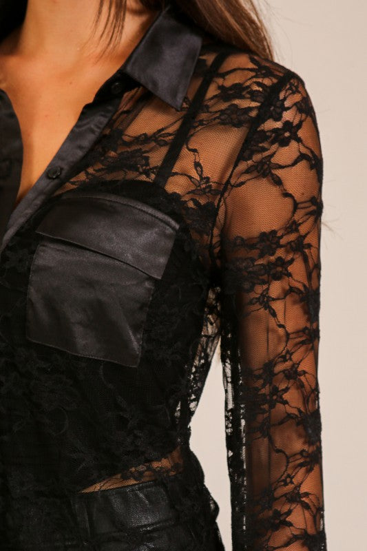 Sheer Lace Blouse with Satin Contrast