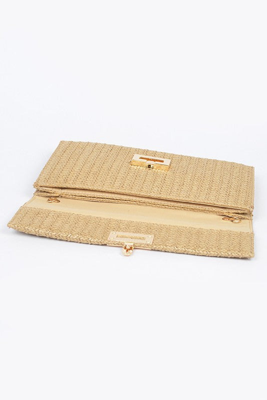 Faux Straw Metal Flap Clutch