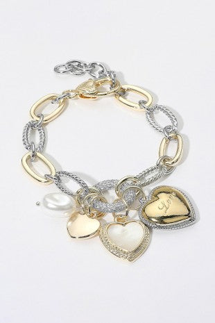 14k Two Tone CZ Mother Of Pearl Heart Bracelet