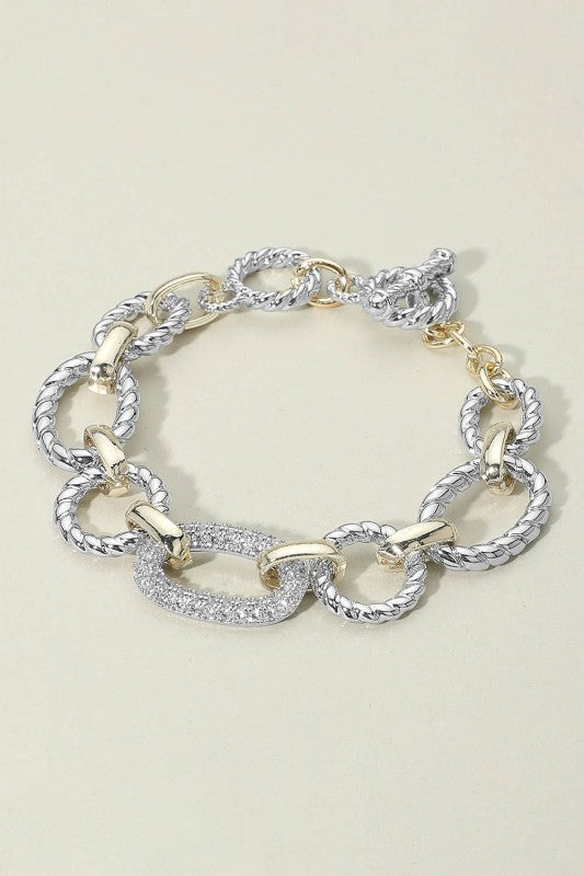 14K Gold Plated CZ Stone Paved Link Accent Two Tone Chunky Chain Link Bracelet