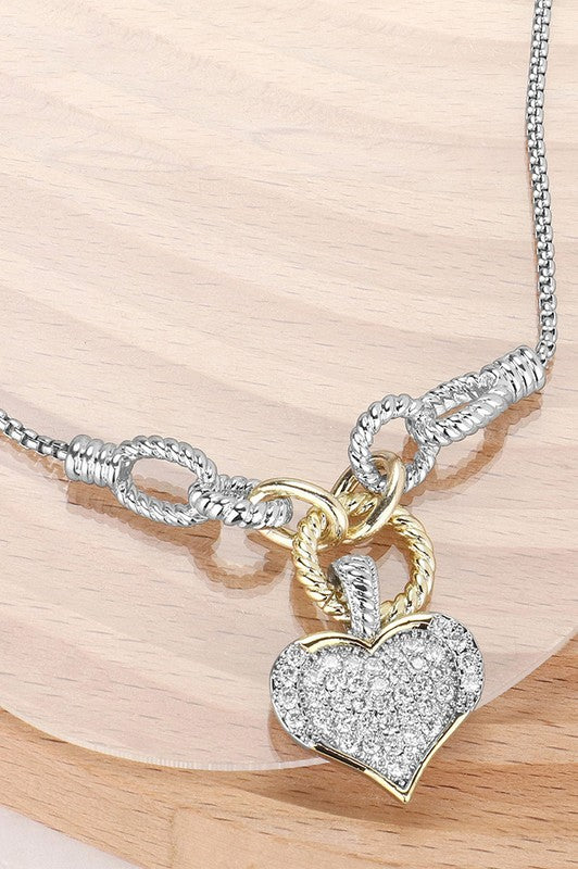 14K Gold Plated CZ Stone Paved Heart Pendant Necklace