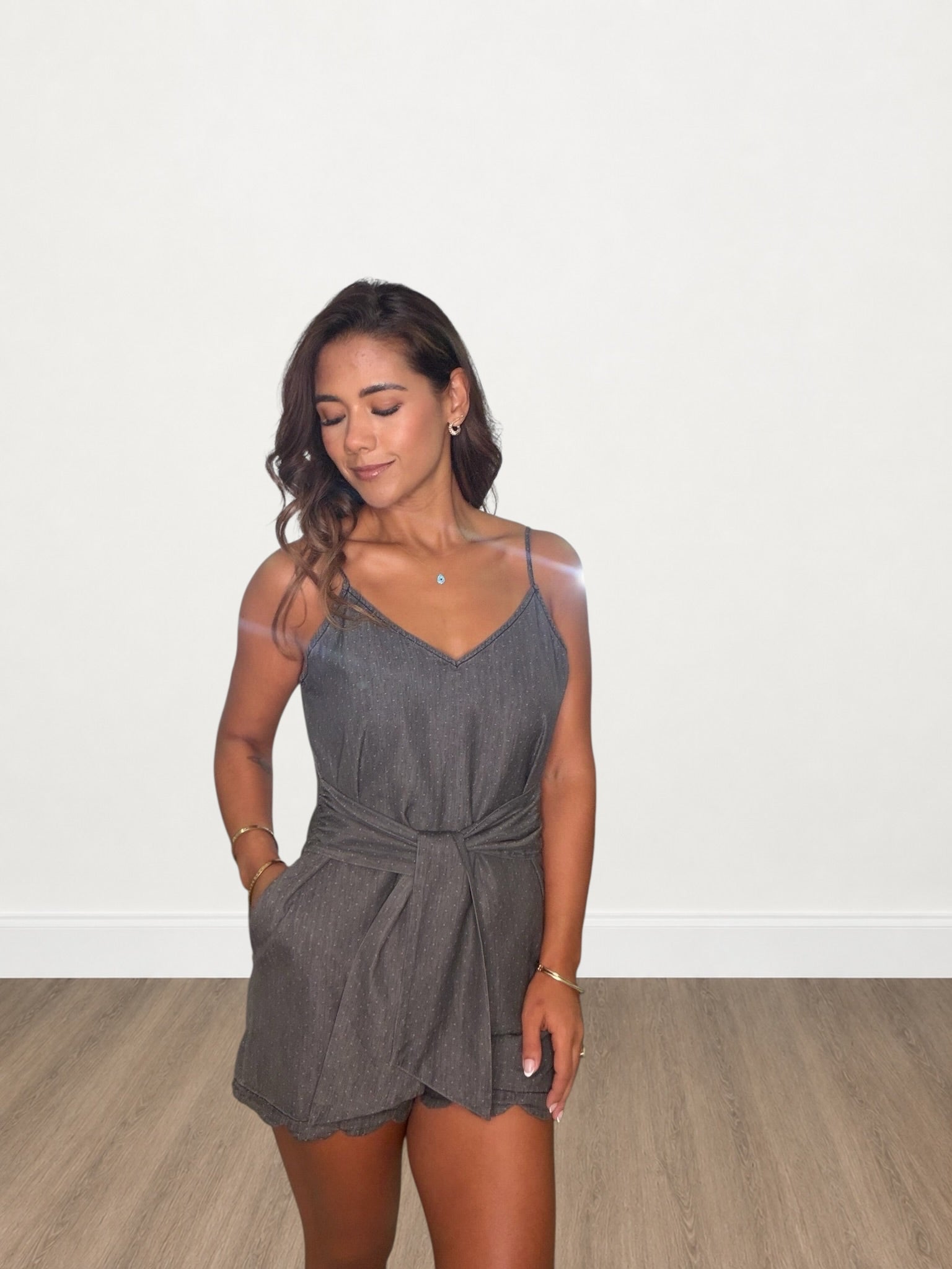 Waist Tie Polka Dot Scallop Hem Romper