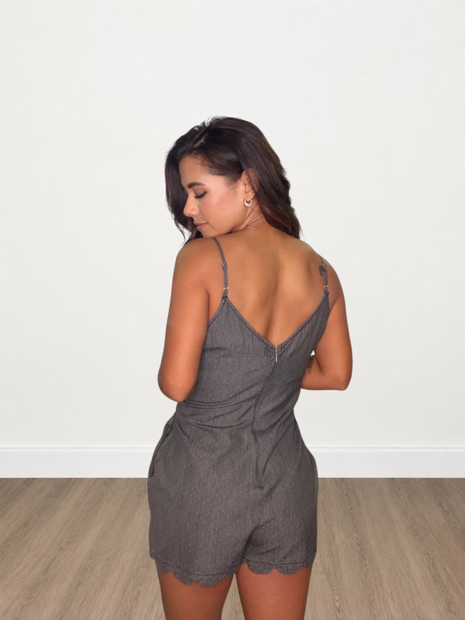 Waist Tie Polka Dot Scallop Hem Romper