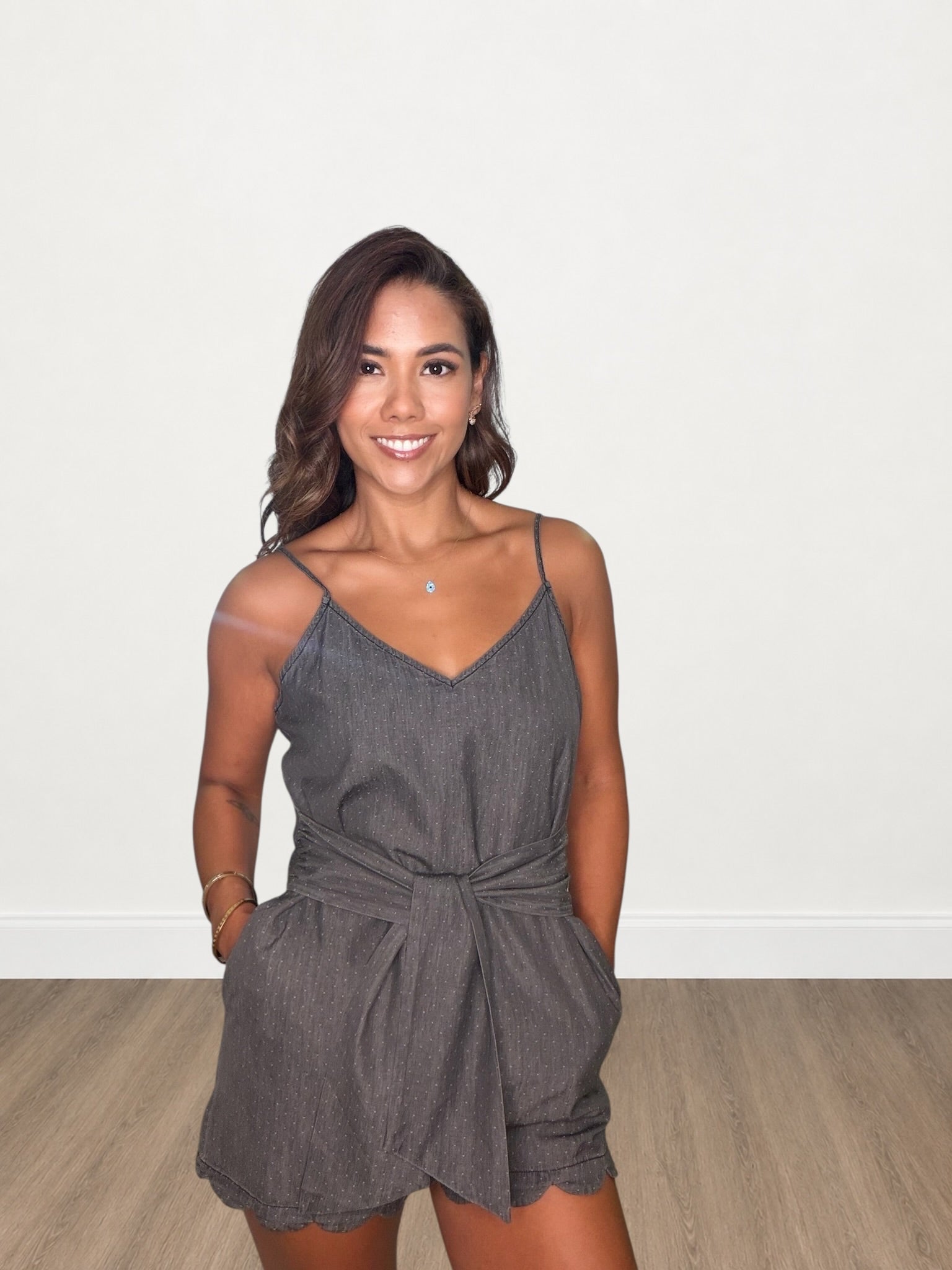 Waist Tie Polka Dot Scallop Hem Romper
