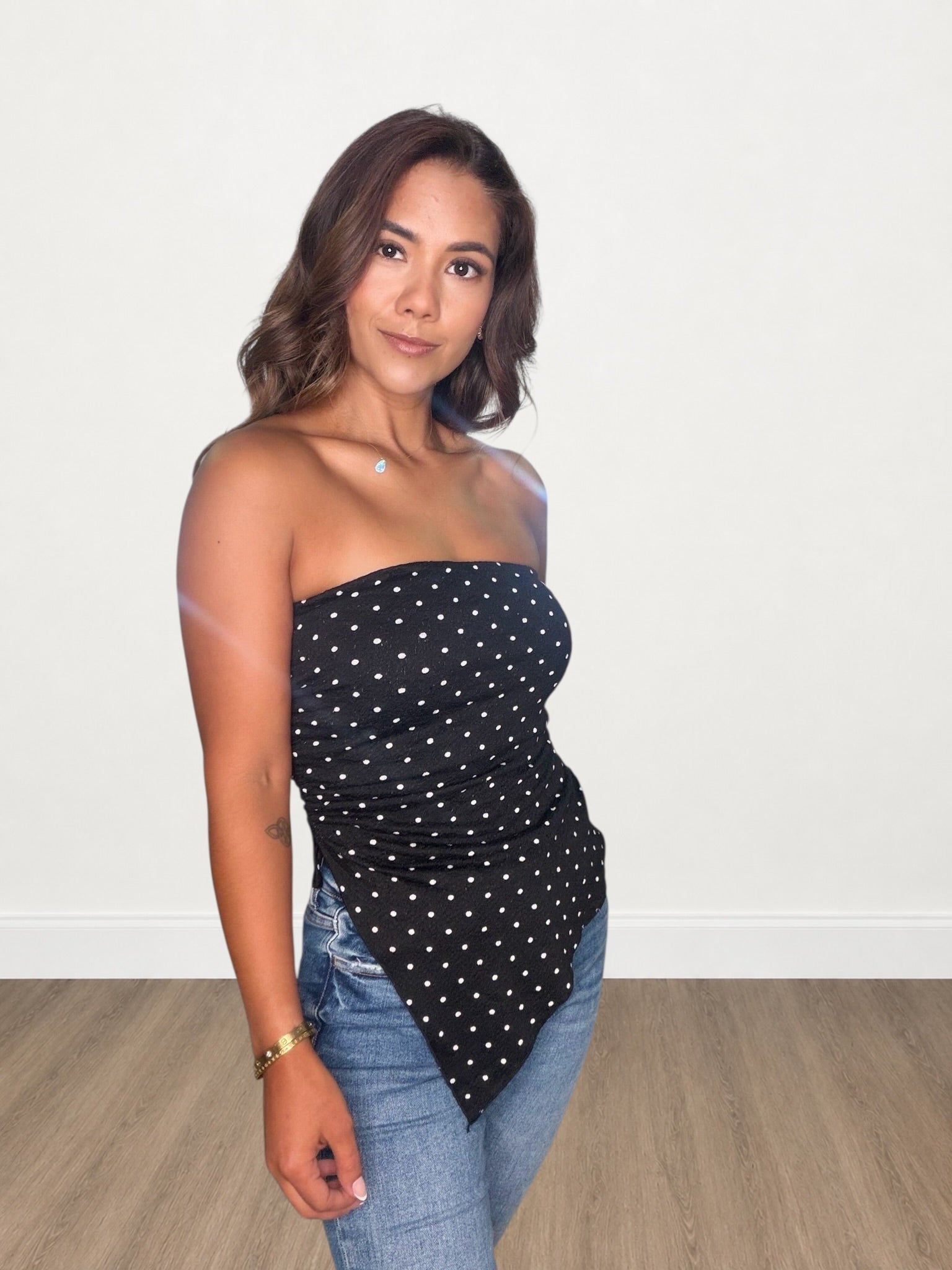 Polka Dot Ruched Asymmetrical Tube Top