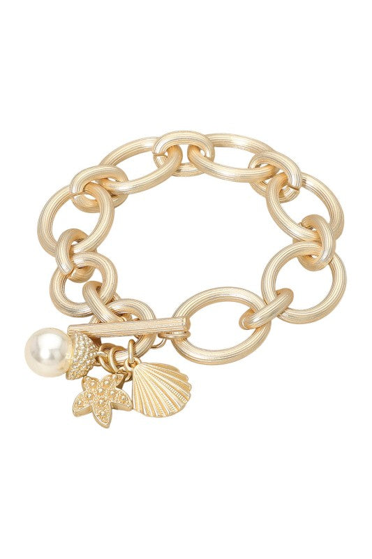 Pearl Starfish Shell Charm Chunky Chain Toggle Bracelet