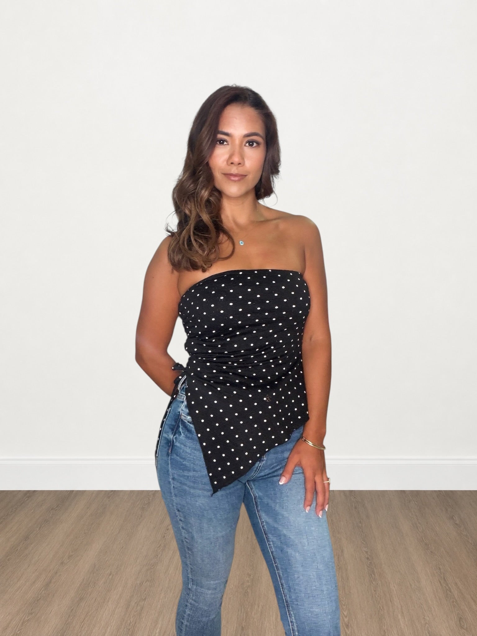 Polka Dot Ruched Asymmetrical Tube Top