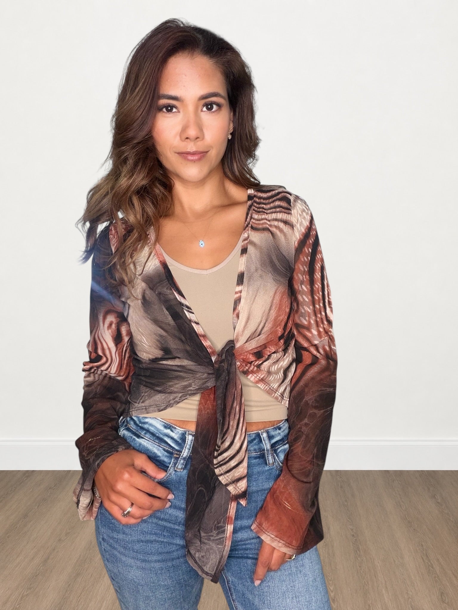 Abstract Swirl Print Mesh Tie-Front Bell Sleeve Blouse