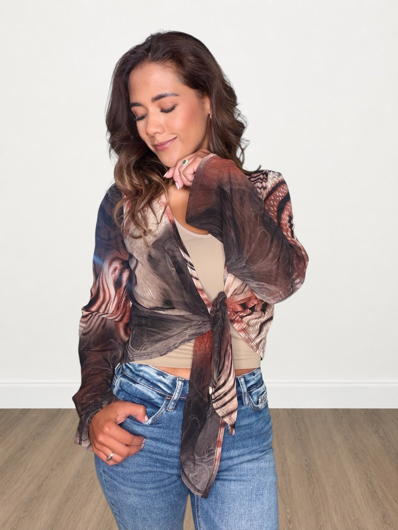 Abstract Swirl Print Mesh Tie-Front Bell Sleeve Blouse