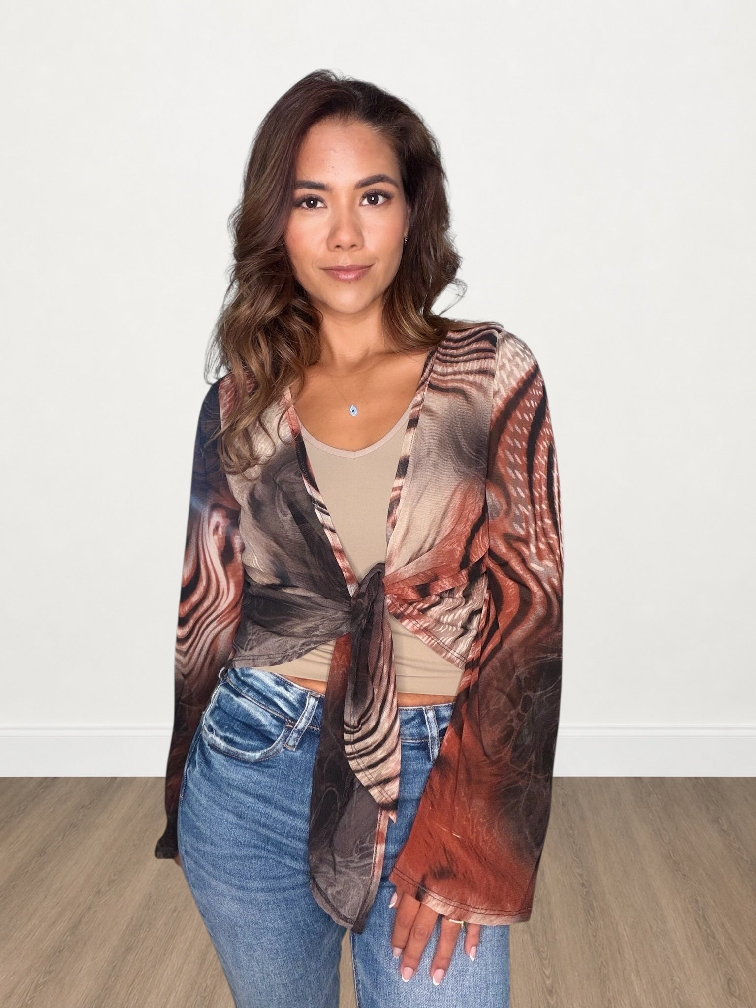 Abstract Swirl Print Mesh Tie-Front Bell Sleeve Blouse