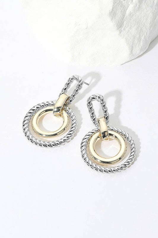 Two Tone Textured Geometric Double Hoop Earrings