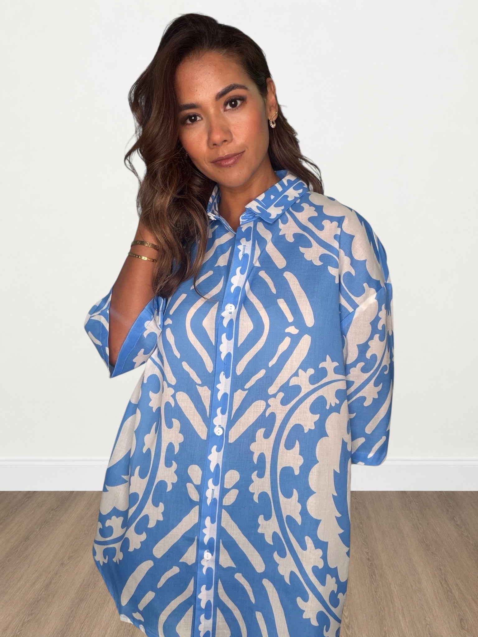Baroque Print Oversized Half Sleeve Button-Down Shirt