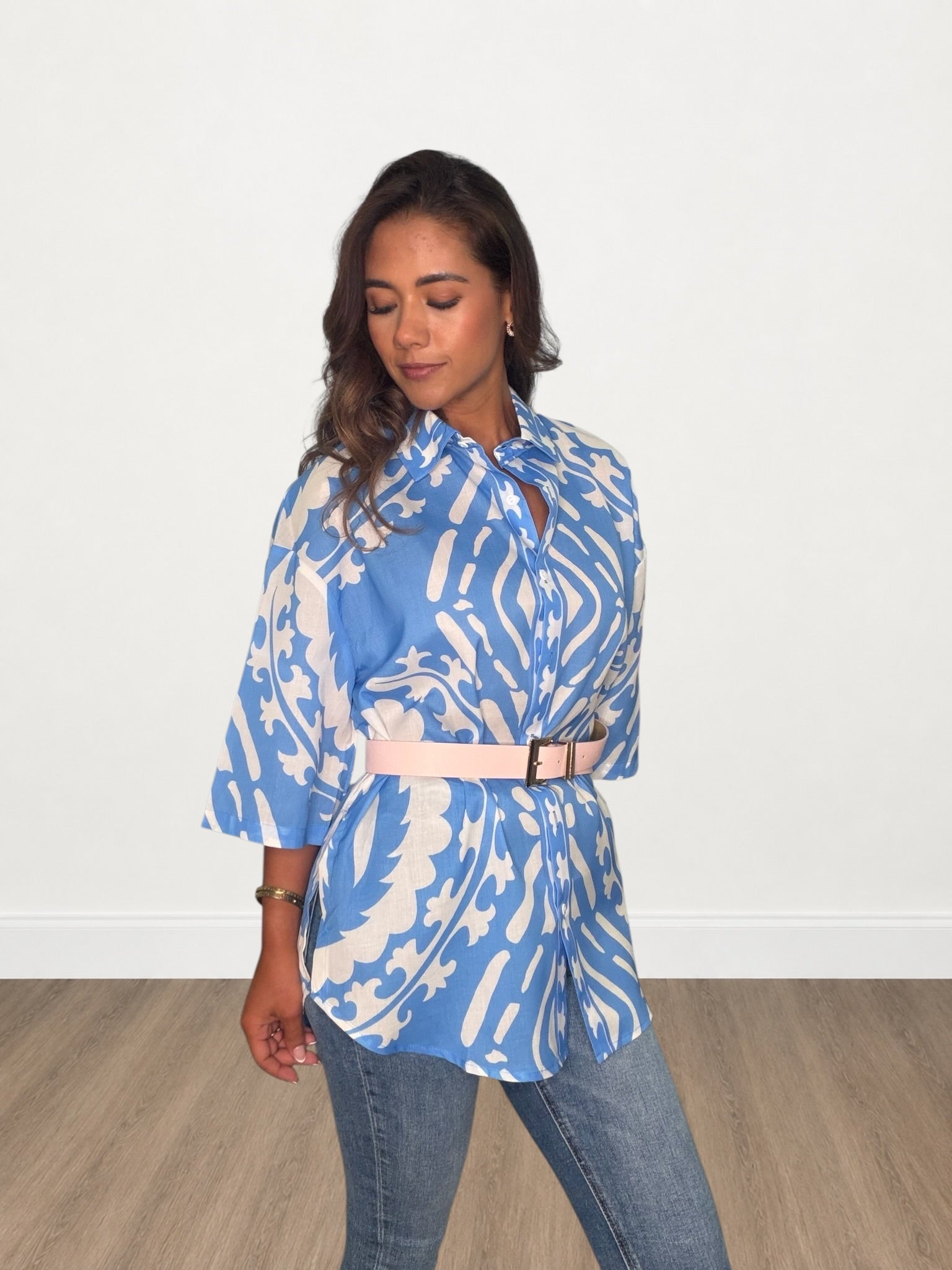 Baroque Print Oversized Half Sleeve Button-Down Shirt