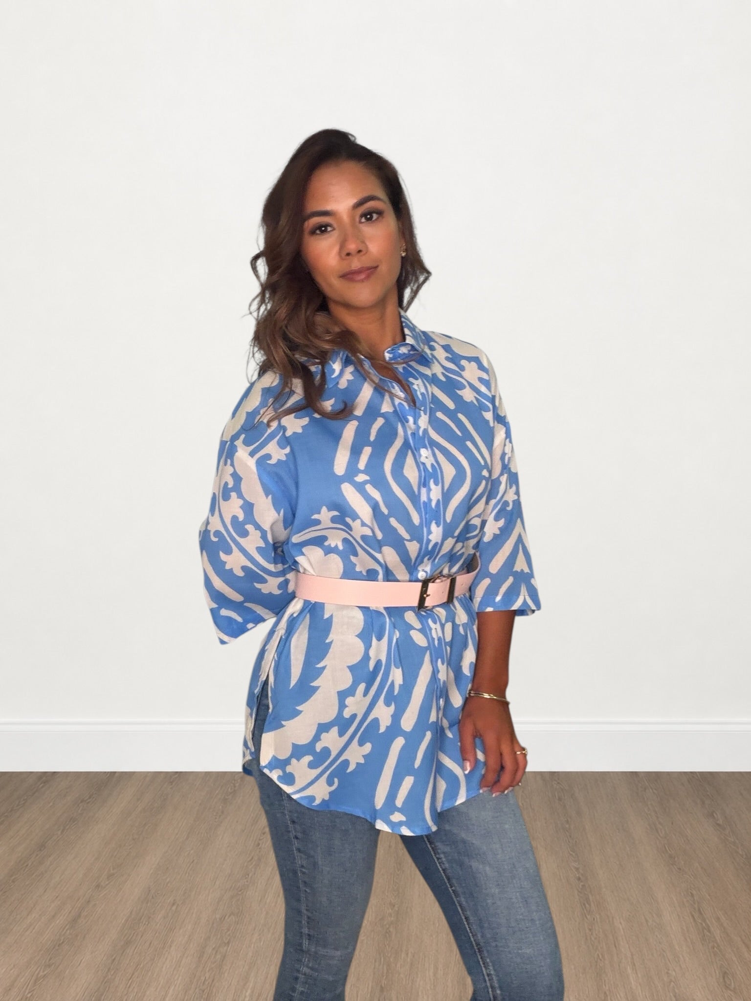 Baroque Print Oversized Half Sleeve Button-Down Shirt
