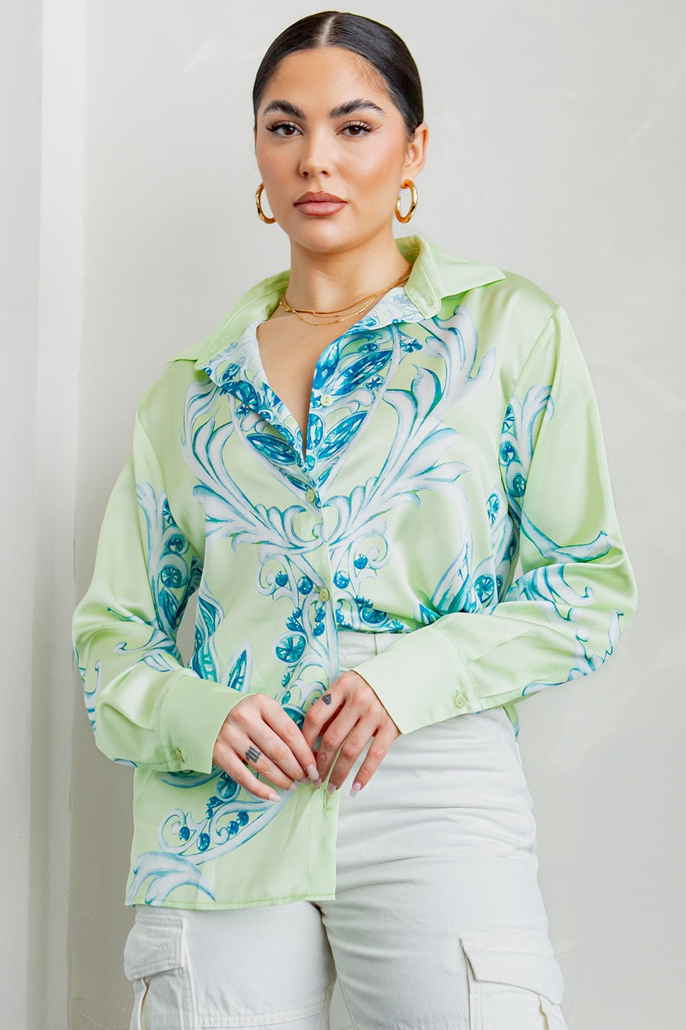 Lemon-Lime Button-Down Satin Shirt