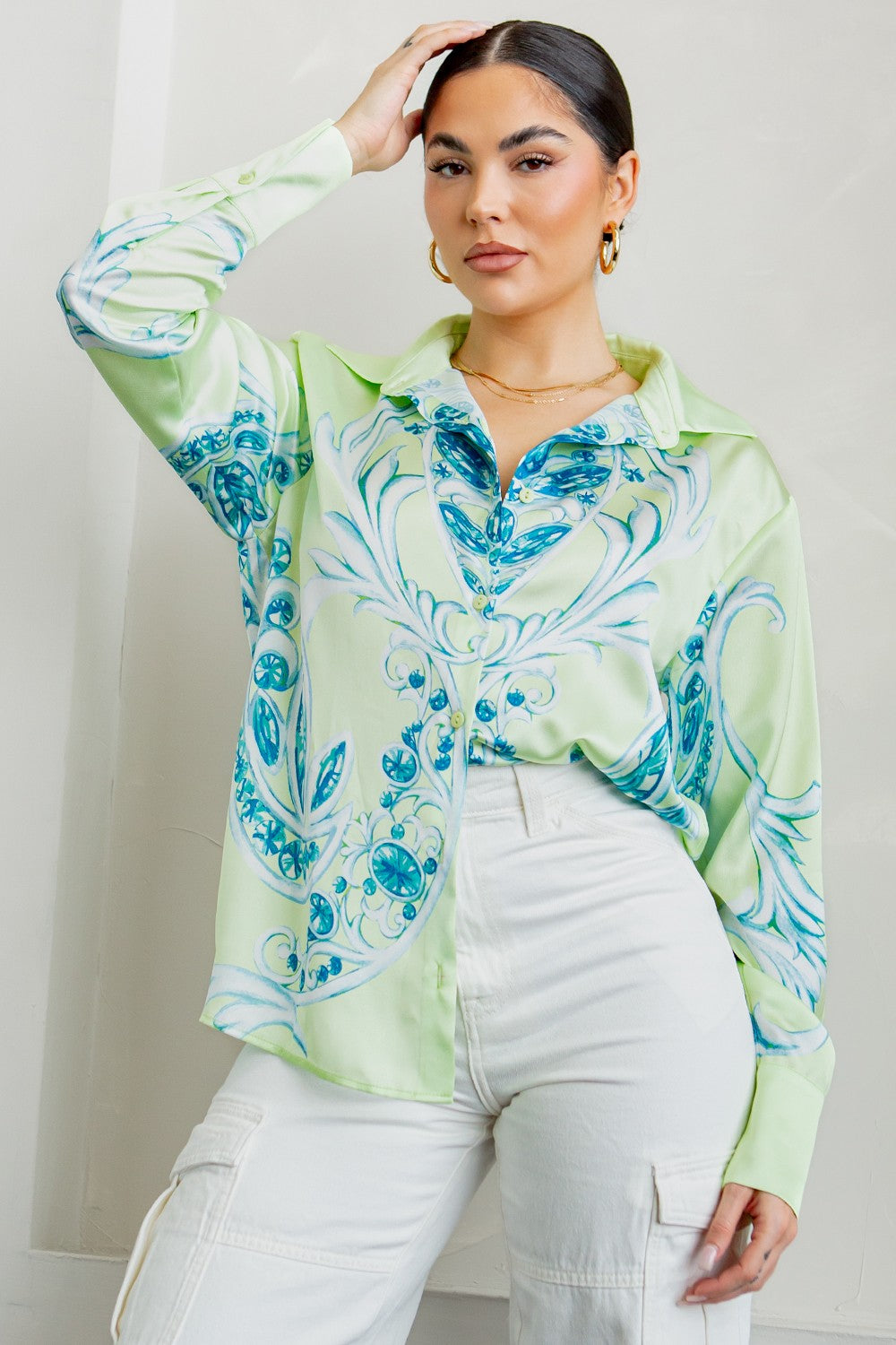 Lemon-Lime Button-Down Satin Shirt