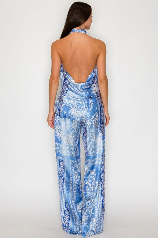 Tie-Dye Paisley Halter Top and Wide-Leg Pants Set