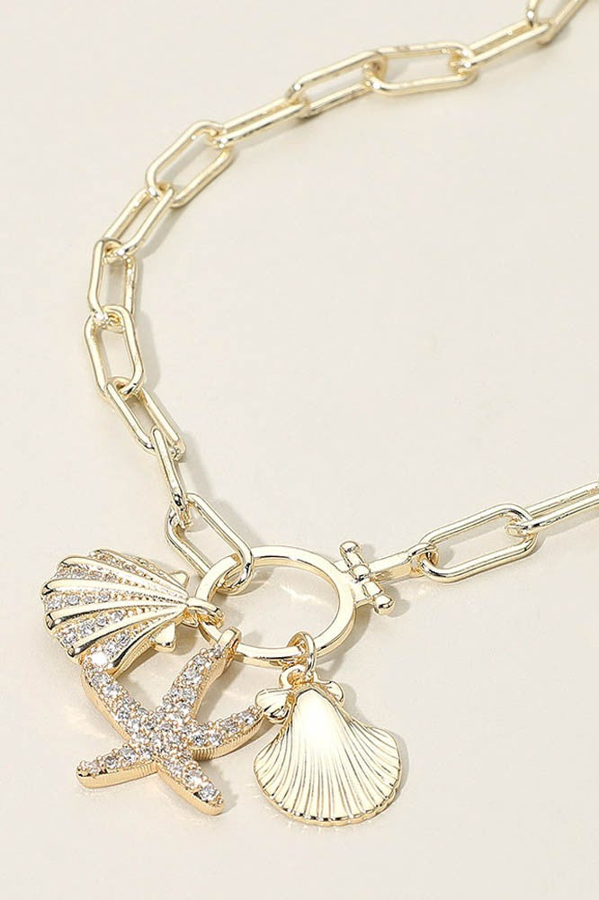 14k Gold Plated CZ Starfish Sea Shell Charm Pendant Chain Necklace