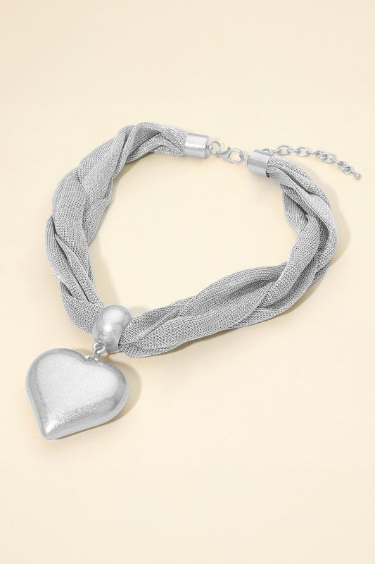 Bold Brushed Metal Heart Pendant Braided Mesh Statement Necklace