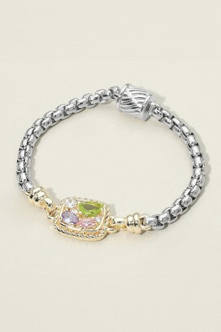 14K Gold Plated Two Tone CZ Cluster Embellished Charm Magnetic Bracelet