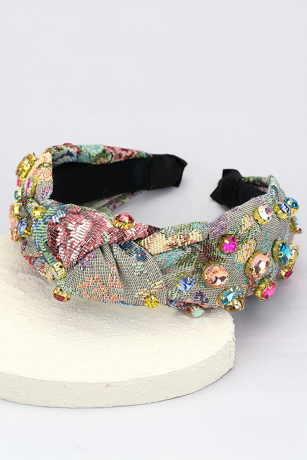 Floral Patterned Stone Cluster Embellished Knot Headband