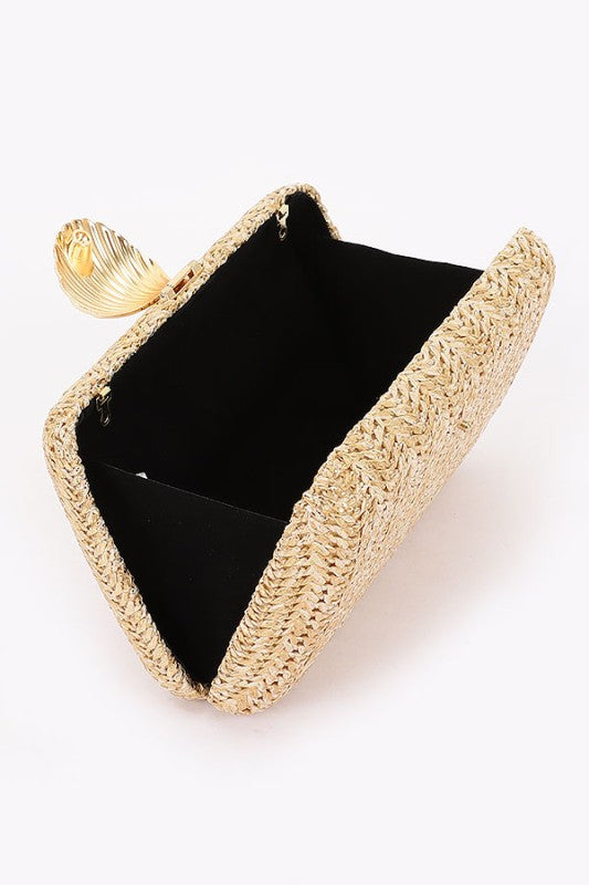 Woven Clutch with Shell Accent and Chain Strap