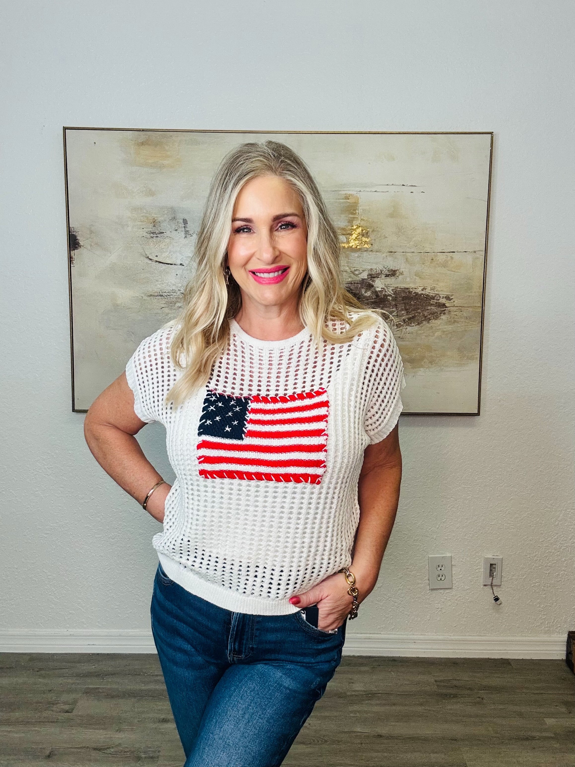 VISCOSE AMERICAN FLAG CAP SLEEVE Top