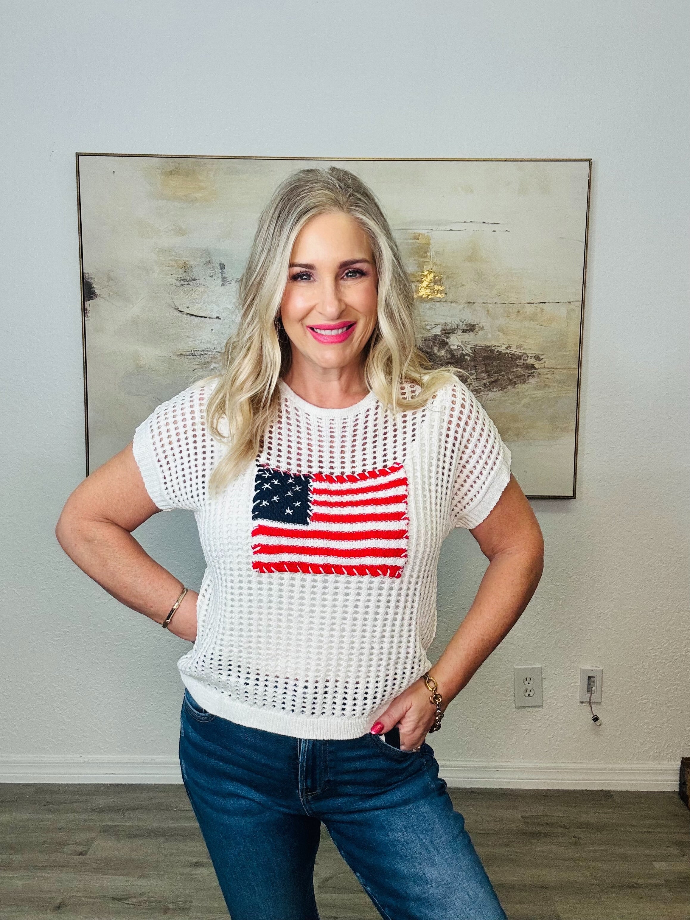 VISCOSE AMERICAN FLAG CAP SLEEVE Top