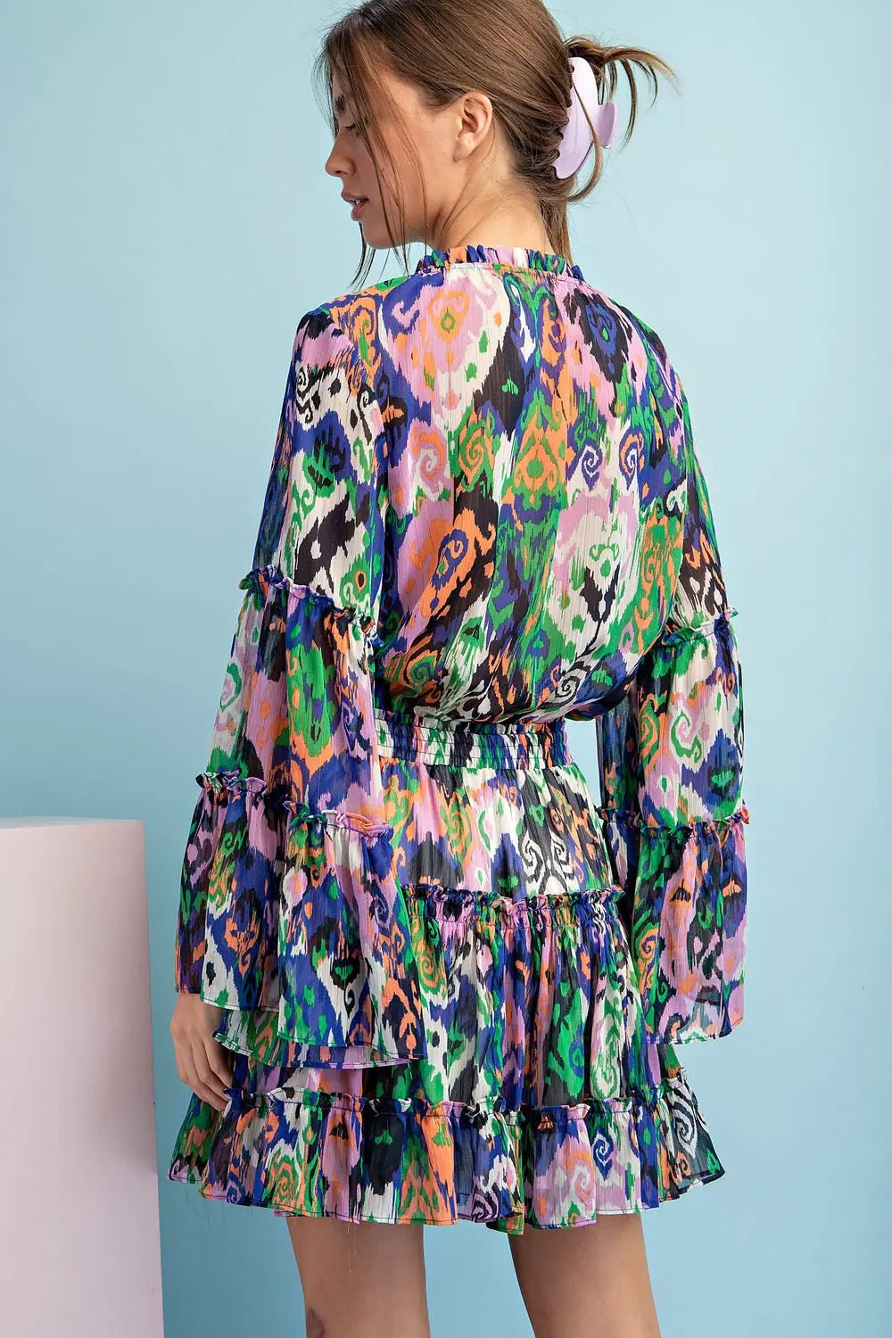 Printed Bell Sleeve Mini Dress